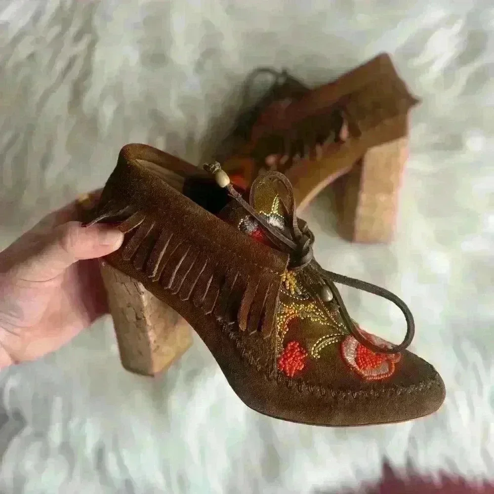 Tory Burch Huntington Beaded Embroidered Suede Fringe Booties size 5 heels shoes